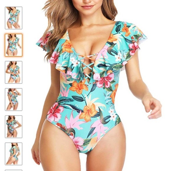 NWT Tropical Swim‎ Suit Ruffle Flattering ONE PIECE Tie Up Full Coverage - Picture 2 of 4